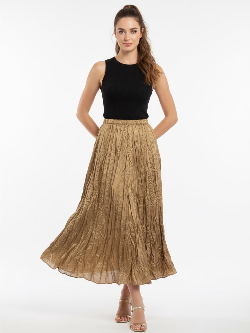 Marchesa Metallic Gold Crinkled Maxi Skirt